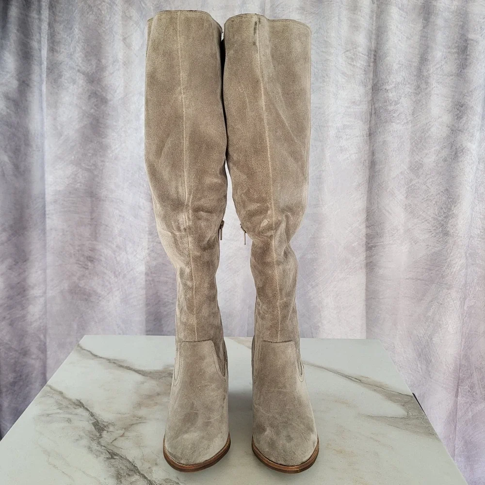 Jeffrey Campbell Size 7.5 Women's OAKMONT Taupe Distressed Suede Over Knee High